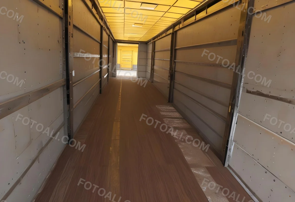 Inside Of An Empty Semi Truck Trailer With Brown Floor And Metal Walls Yellow Ceiling Wooden Door At The End 6 F4a1