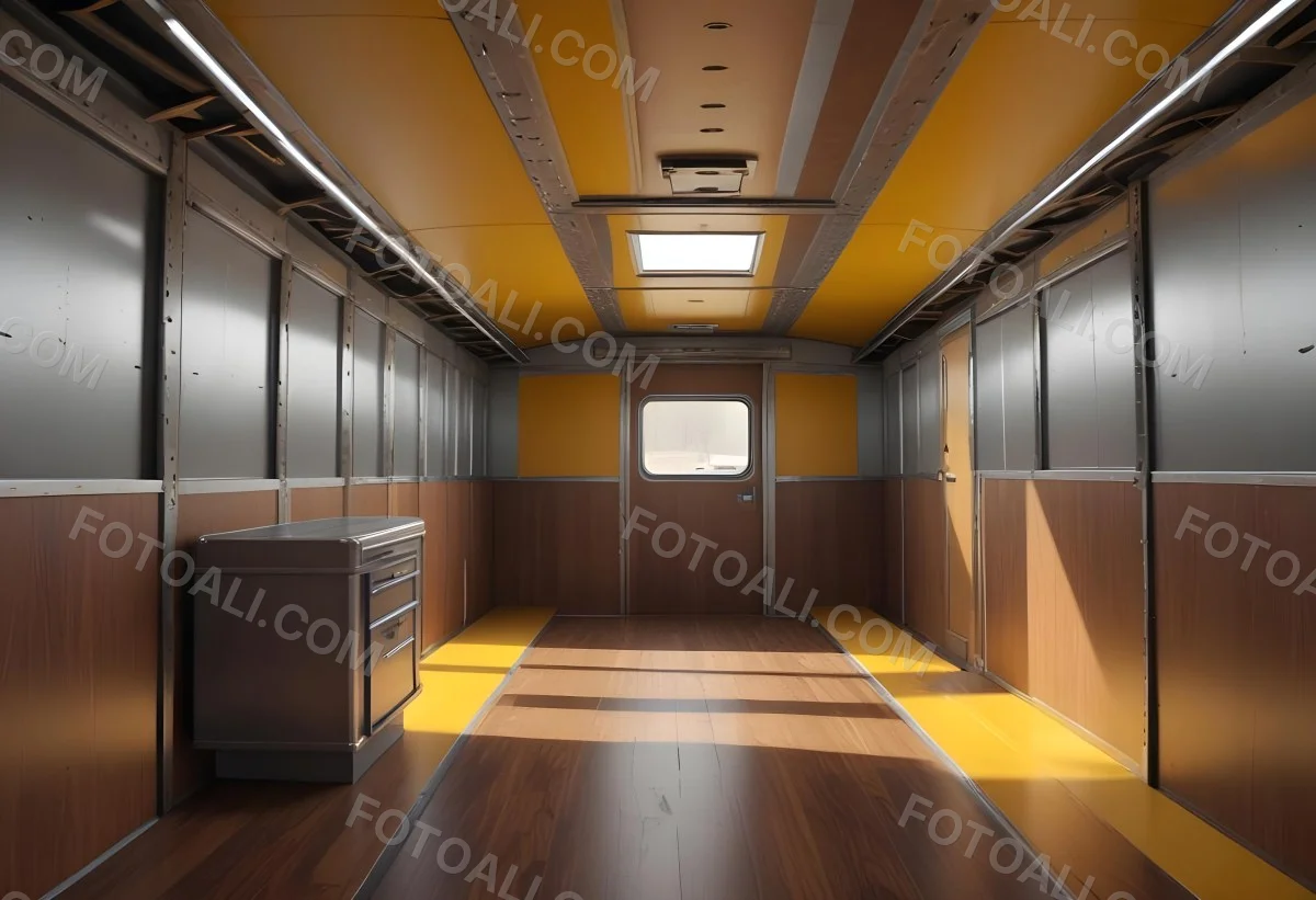 Inside Of An Empty Semi Truck Trailer With Brown Floor And Metal Walls Yellow Ceiling Wooden Door At The End 7 D527