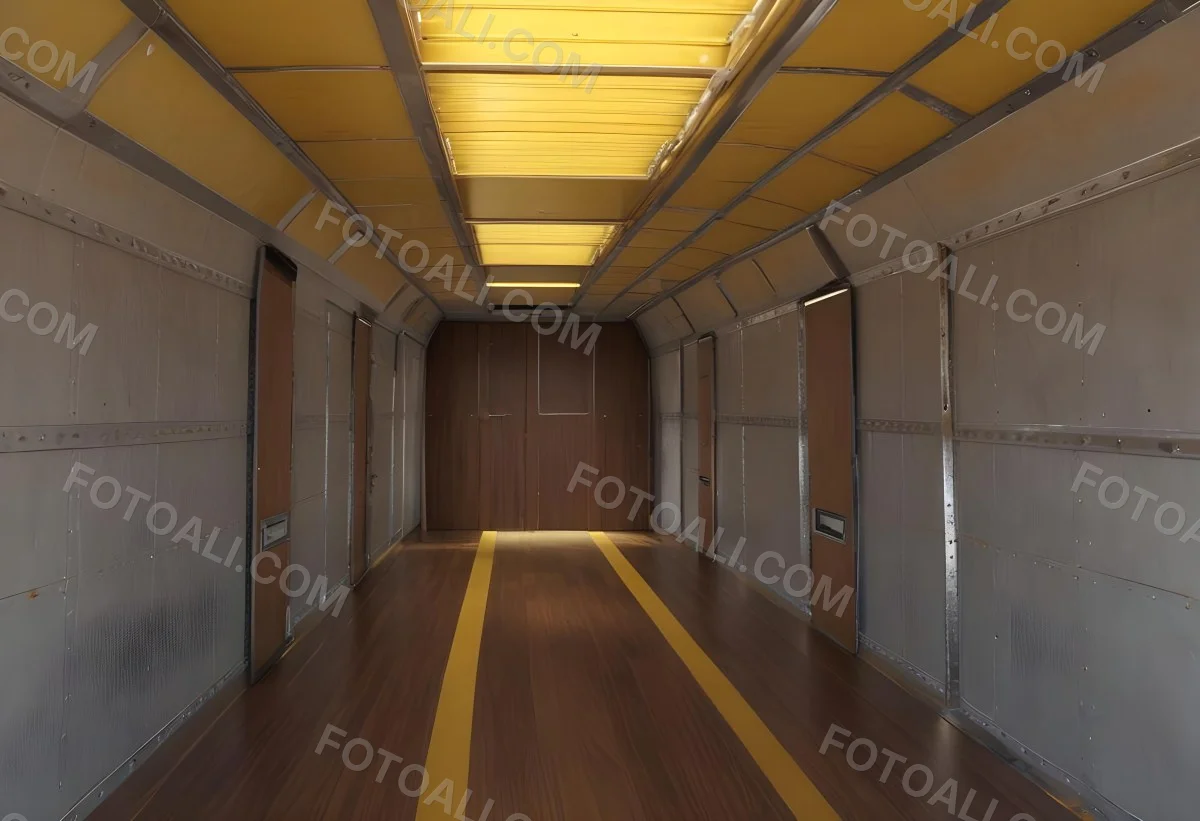 Inside Of An Empty Semi Truck Trailer With Brown Floor And Metal Walls Yellow Ceiling Wooden Door At The End 8 42fe