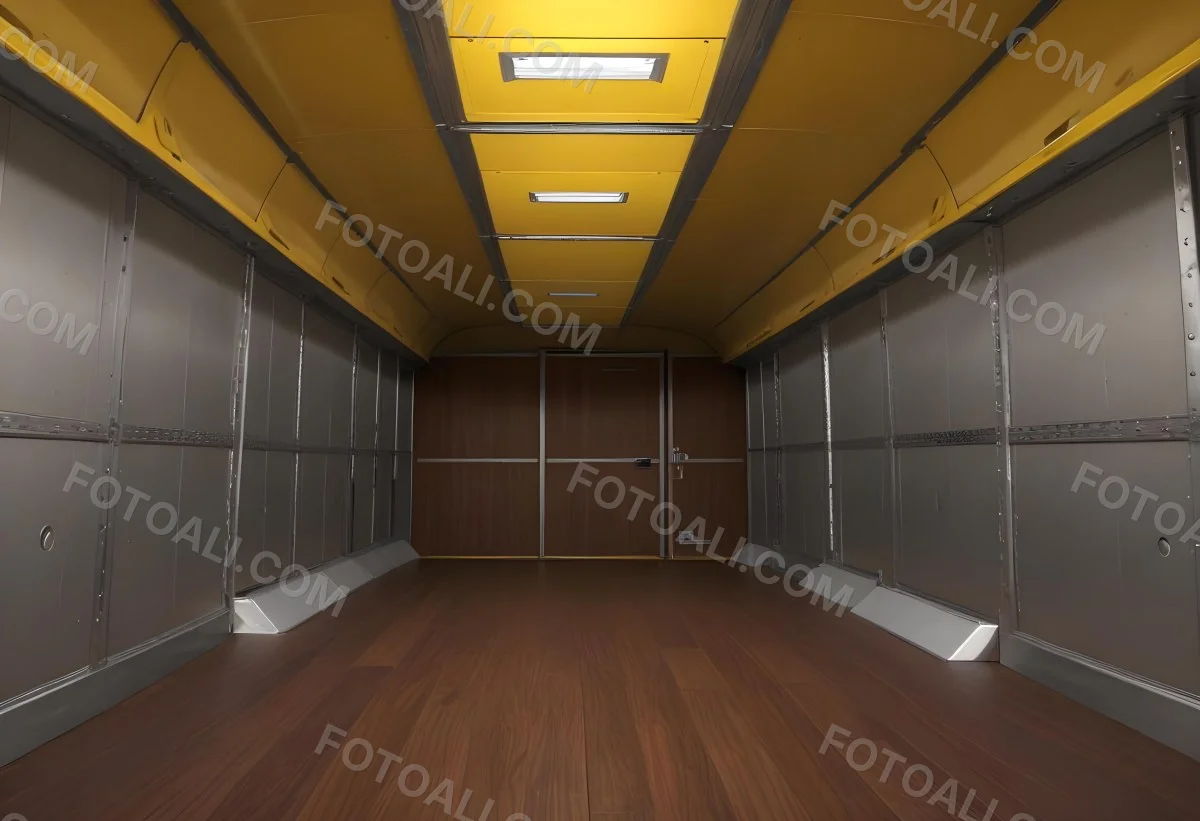 Inside Of An Empty Semi Truck Trailer With Brown Floor And Metal Walls Yellow Ceiling Wooden Door At The End 9 Aa75