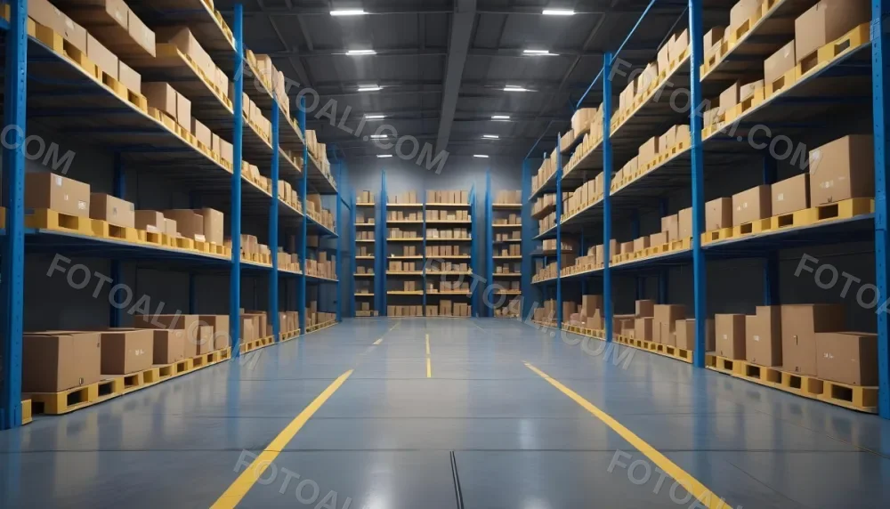 Interior Of A Warehouse With Rows Of Tall Blue And Yellow Shelves Filled With Cardboard Boxes Shiny Concrete Floor Metal Ceiling Structure 1 9831