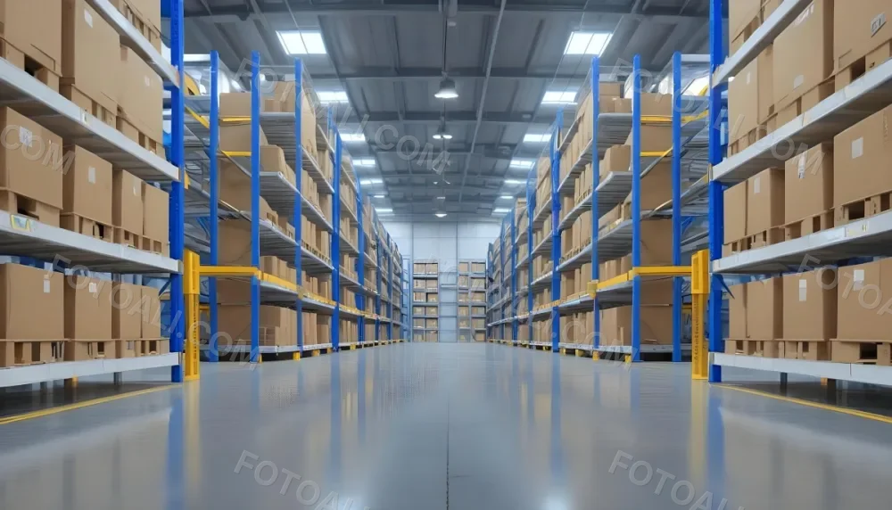 Interior Of A Warehouse With Rows Of Tall Blue And Yellow Shelves Filled With Cardboard Boxes Shiny Concrete Floor Metal Ceiling Structure 10 646b