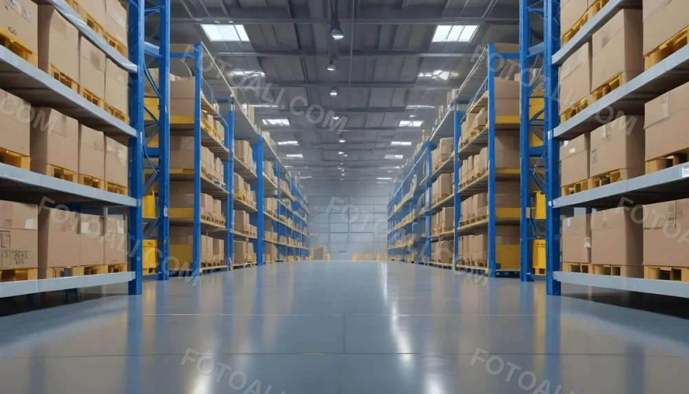 Interior Of A Warehouse With Rows Of Tall Blue And Yellow Shelves Filled With Cardboard Boxes Shiny Concrete Floor Metal Ceiling Structure 14 8b71