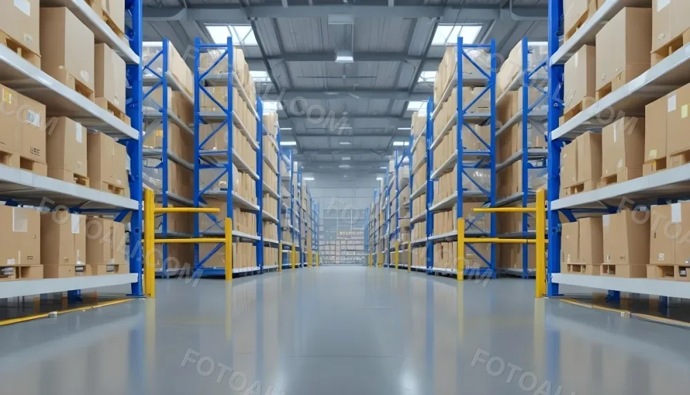 Interior Of A Warehouse With Rows Of Tall Blue And Yellow Shelves Filled With Cardboard Boxes Shiny Concrete Floor Metal Ceiling Structure 15 E333