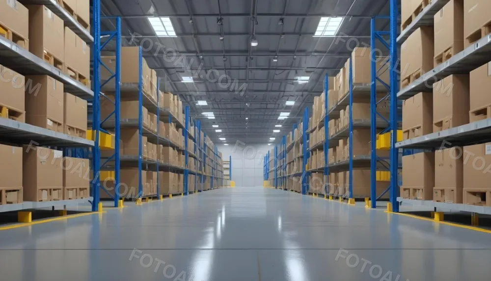 Interior Of A Warehouse With Rows Of Tall Blue And Yellow Shelves Filled With Cardboard Boxes Shiny Concrete Floor Metal Ceiling Structure 17 4275