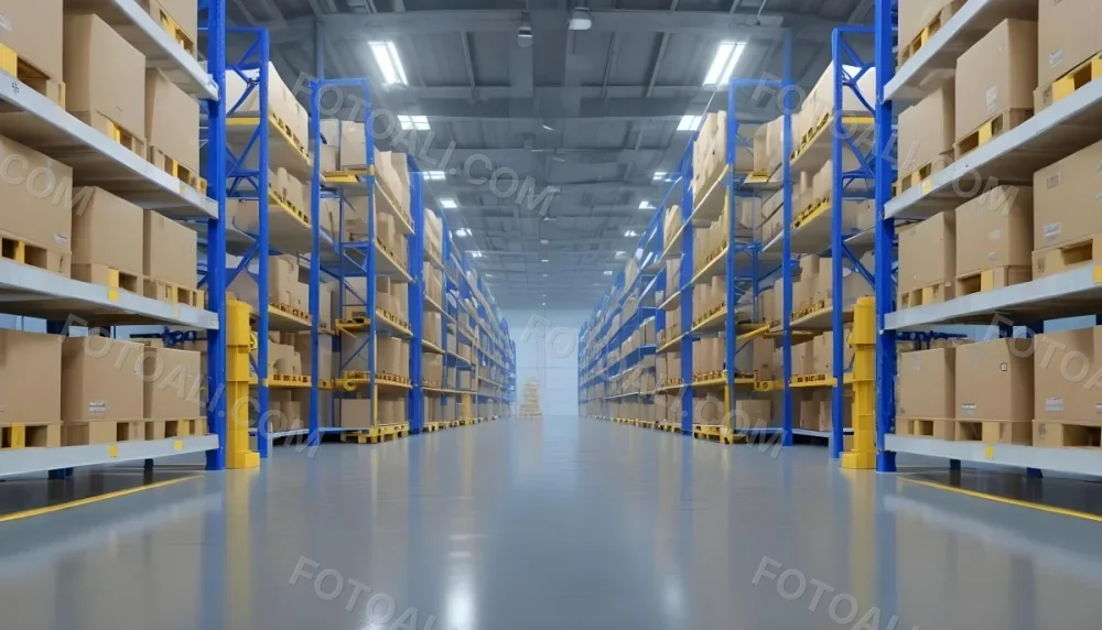 Interior Of A Warehouse With Rows Of Tall Blue And Yellow Shelves Filled With Cardboard Boxes Shiny Concrete Floor Metal Ceiling Structure 24 C72b
