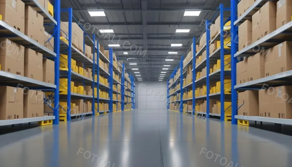 Interior Of A Warehouse With Rows Of Tall Blue And Yellow Shelves Filled With Cardboard Boxes Shiny Concrete Floor Metal Ceiling Structure 26 0987