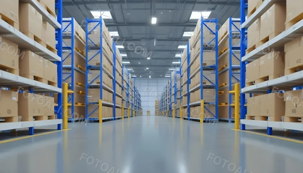 Interior Of A Warehouse With Rows Of Tall Blue And Yellow Shelves Filled With Cardboard Boxes Shiny Concrete Floor Metal Ceiling Structure 29 Da9f