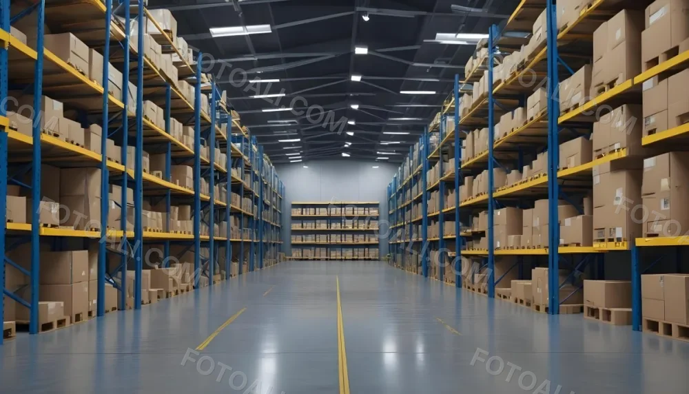 Interior Of A Warehouse With Rows Of Tall Blue And Yellow Shelves Filled With Cardboard Boxes Shiny Concrete Floor Metal Ceiling Structure 3 A364