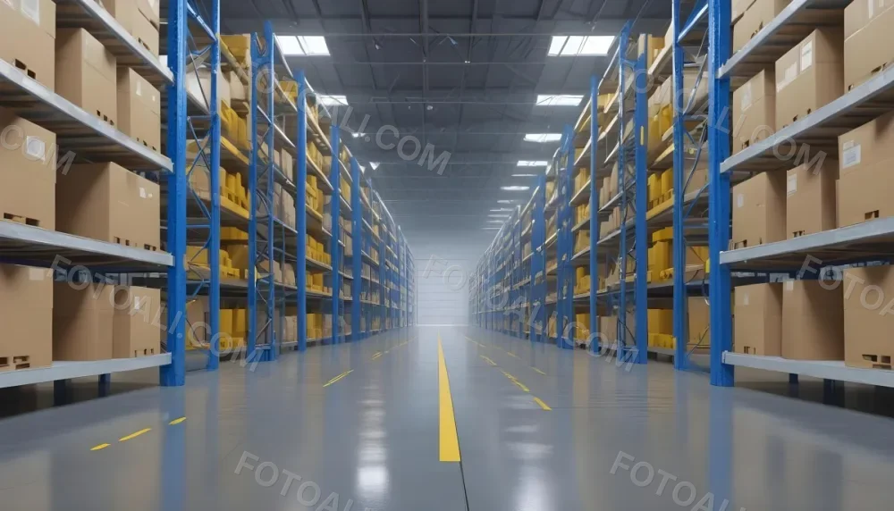 Interior Of A Warehouse With Rows Of Tall Blue And Yellow Shelves Filled With Cardboard Boxes Shiny Concrete Floor Metal Ceiling Structure 30 9761