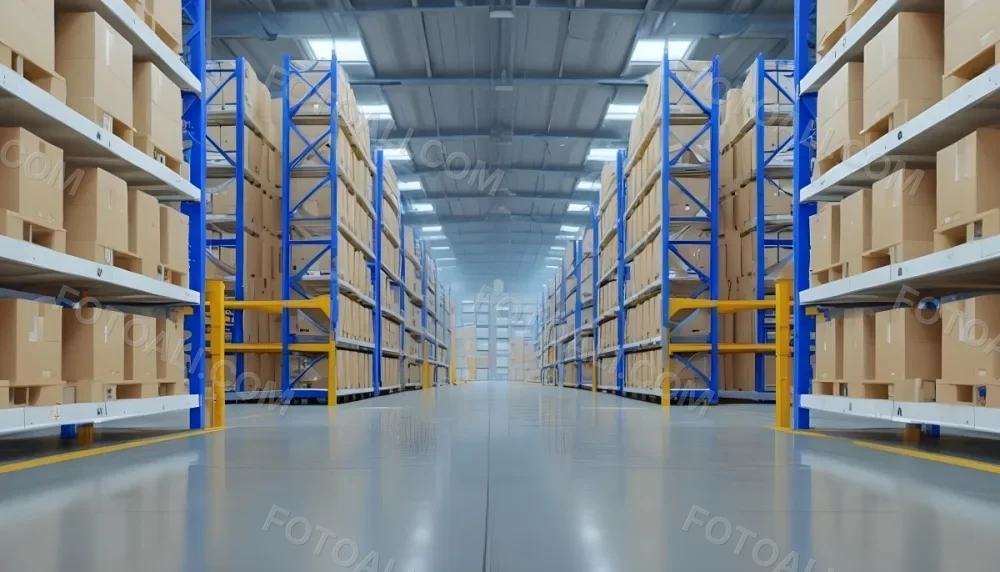 Interior Of A Warehouse With Rows Of Tall Blue And Yellow Shelves Filled With Cardboard Boxes Shiny Concrete Floor Metal Ceiling Structure 31 A957