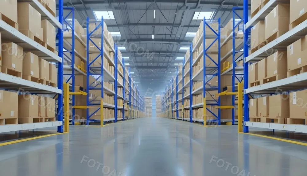 Interior Of A Warehouse With Rows Of Tall Blue And Yellow Shelves Filled With Cardboard Boxes Shiny Concrete Floor Metal Ceiling Structure 4 2add