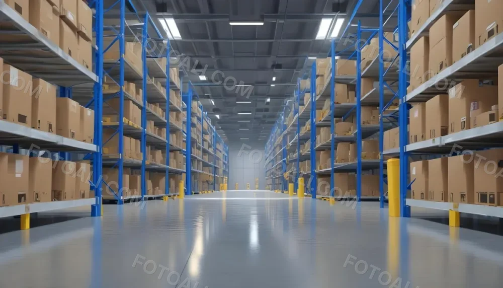 Interior Of A Warehouse With Rows Of Tall Blue And Yellow Shelves Filled With Cardboard Boxes Shiny Concrete Floor Metal Ceiling Structure 5 A4cc