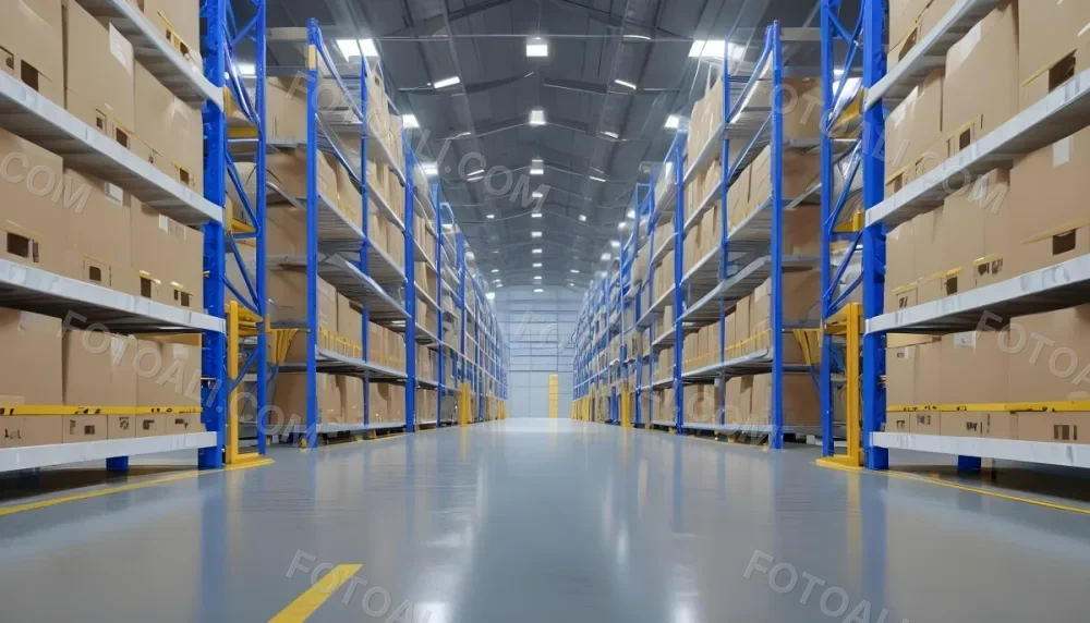 Interior Of A Warehouse With Rows Of Tall Blue And Yellow Shelves Filled With Cardboard Boxes Shiny Concrete Floor Metal Ceiling Structure 6 6205