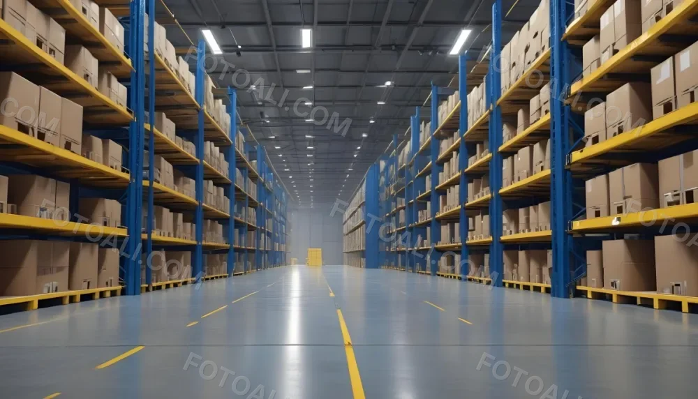 Interior Of A Warehouse With Rows Of Tall Blue And Yellow Shelves Filled With Cardboard Boxes Shiny Concrete Floor Metal Ceiling Structure 7 43cd
