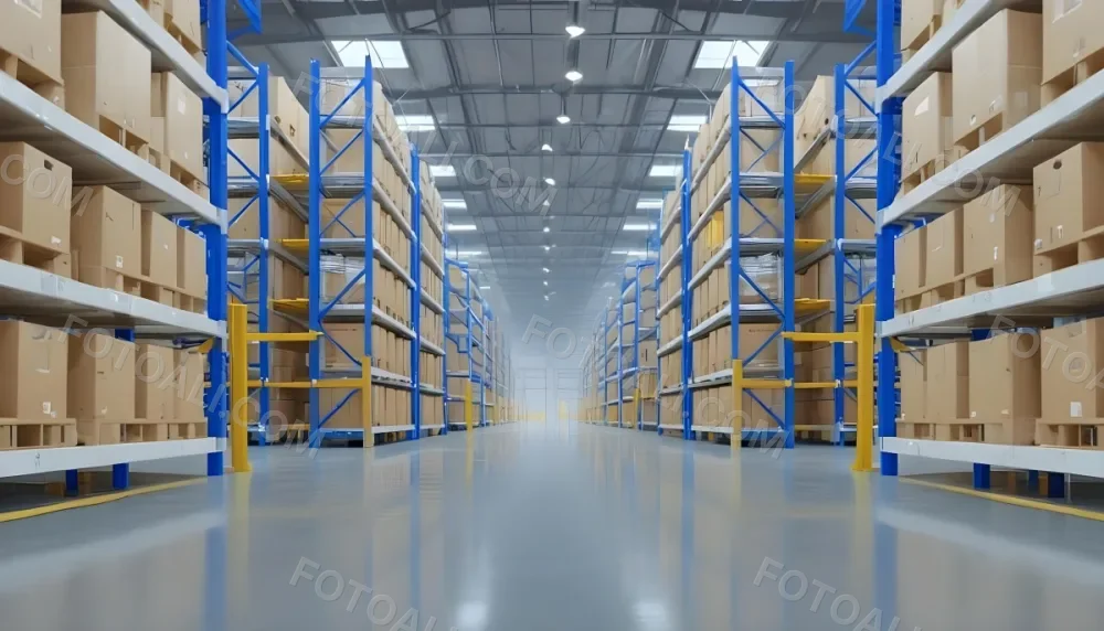 Interior Of A Warehouse With Rows Of Tall Blue And Yellow Shelves Filled With Cardboard Boxes Shiny Concrete Floor Metal Ceiling Structure 8 C1ac