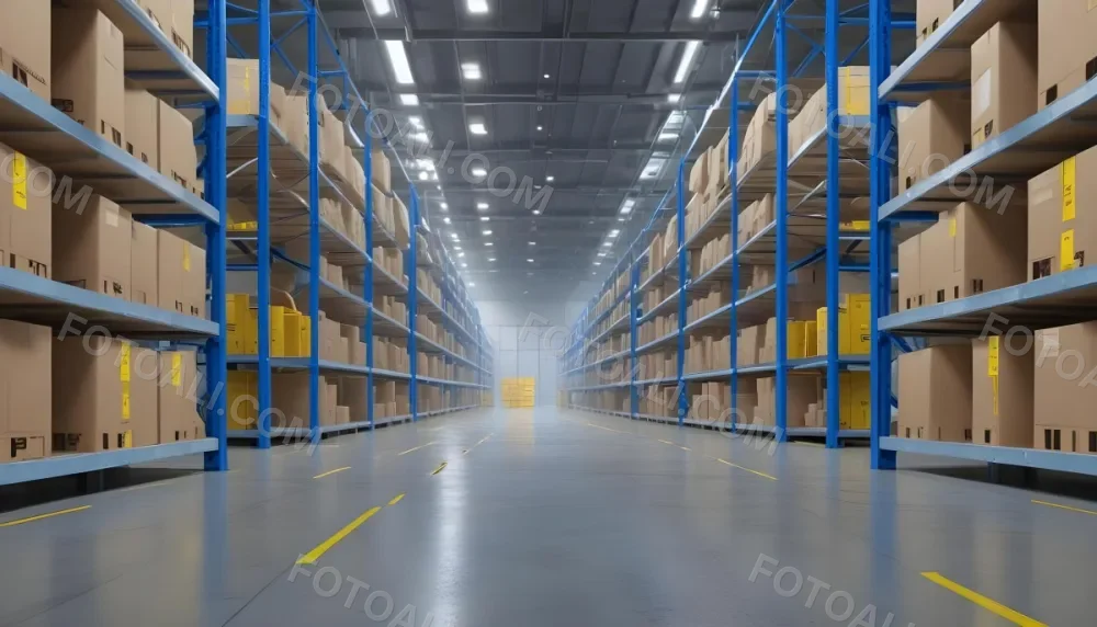 Interior Of A Warehouse With Rows Of Tall Blue And Yellow Shelves Filled With Cardboard Boxes Shiny Concrete Floor Metal Ceiling Structure 9 F8d9