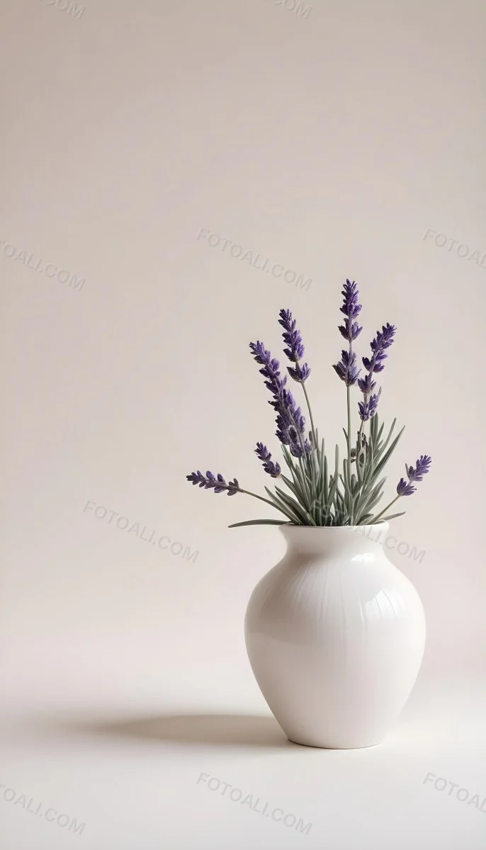 Lavender Flower In A White Ceramic Vase White Background Soft Lighting Minimalist Composition Clean Aesthetic Elegant Simple Calming Floral Arrangement Botanical Decorative 14 A925