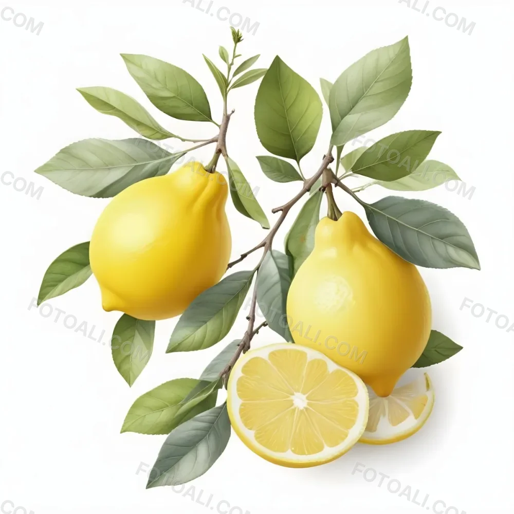 Lemons With Green Leaves A Whole Lemon And A Half Lemon On A White Background 5 E013