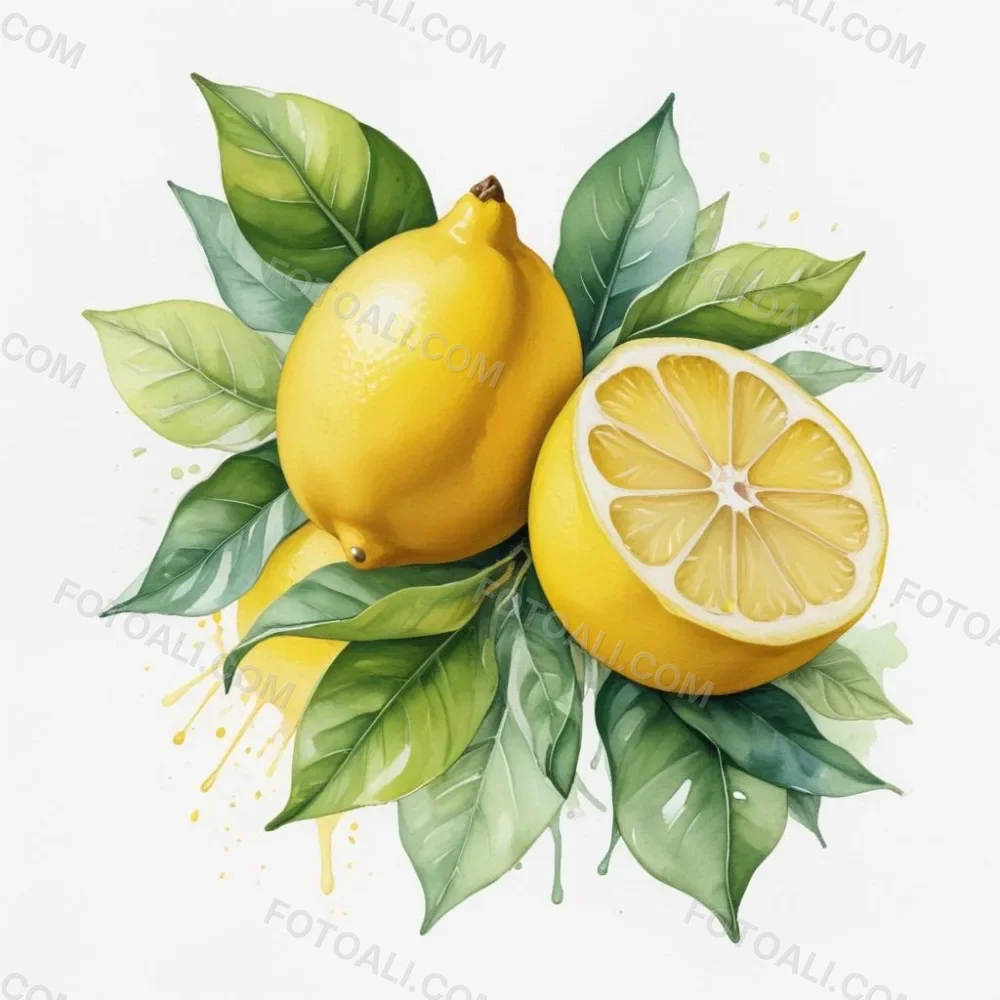 Lemons With Green Leaves A Whole Lemon And A Half Lemon On A White Background 97 Af89