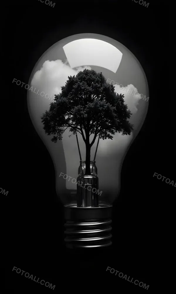 Light Bulb With A Tree Inside Dark And Cloudy Sky Black And White Tones On A Black Background Concept Of Nature And Energy 1 9805