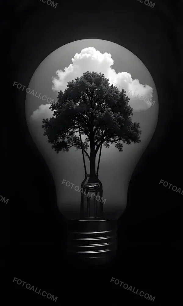Light Bulb With A Tree Inside Dark And Cloudy Sky Black And White Tones On A Black Background Concept Of Nature And Energy 11 D694