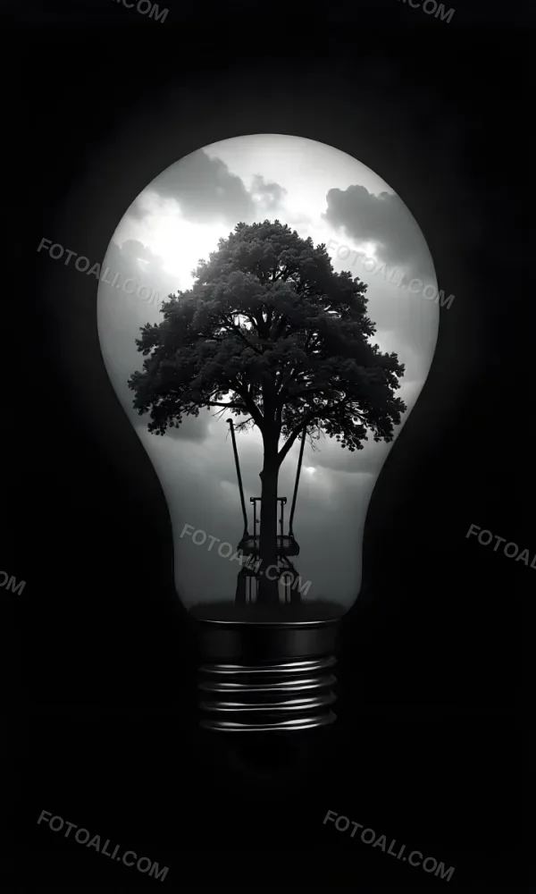 Light Bulb With A Tree Inside Dark And Cloudy Sky Black And White Tones On A Black Background Concept Of Nature And Energy 12 C402