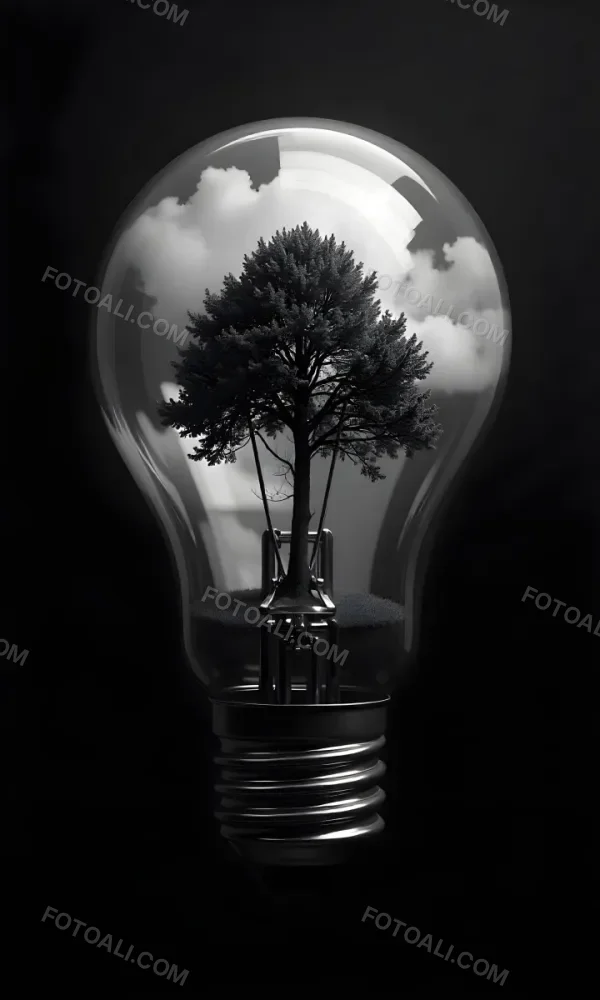 Light Bulb With A Tree Inside Dark And Cloudy Sky Black And White Tones On A Black Background Concept Of Nature And Energy 14 Bffa