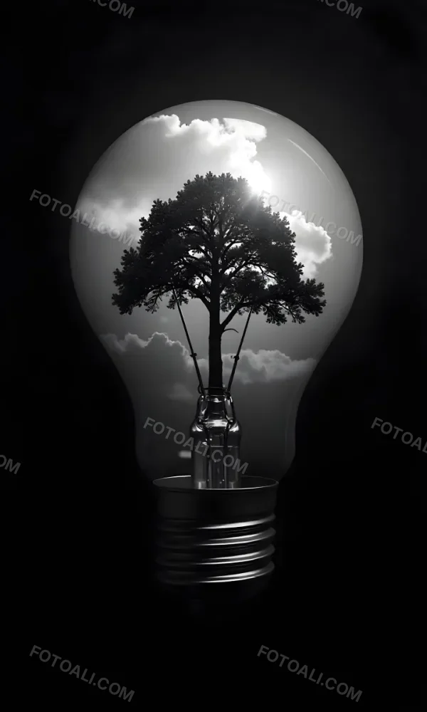 Light Bulb With A Tree Inside Dark And Cloudy Sky Black And White Tones On A Black Background Concept Of Nature And Energy 16 Ba9b