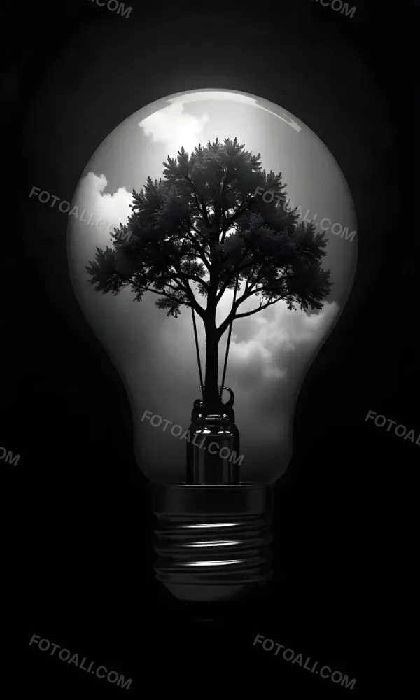 Light Bulb With A Tree Inside Dark And Cloudy Sky Black And White Tones On A Black Background Concept Of Nature And Energy 2 C4b0