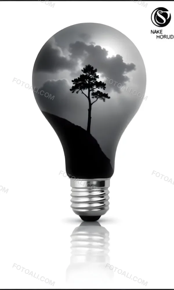 Light Bulb With A Tree Inside Dark And Cloudy Sky Black And White Tones On A Black Background Concept Of Nature And Energy 21 9619