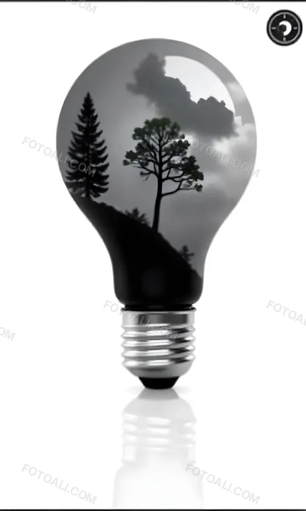Light Bulb With A Tree Inside Dark And Cloudy Sky Black And White Tones On A Black Background Concept Of Nature And Energy 22 5843
