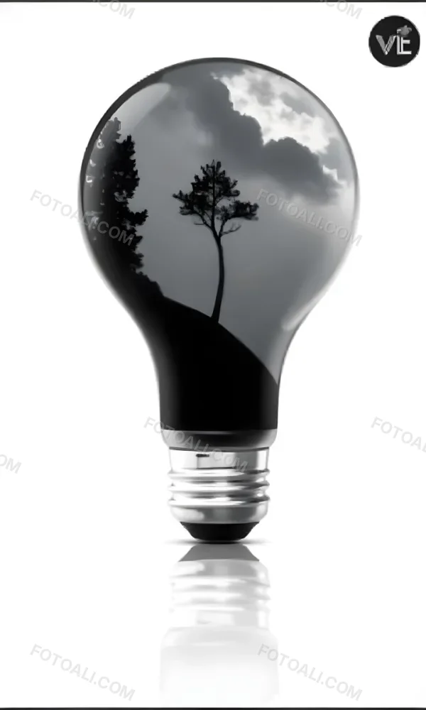 Light Bulb With A Tree Inside Dark And Cloudy Sky Black And White Tones On A Black Background Concept Of Nature And Energy 23 49cd