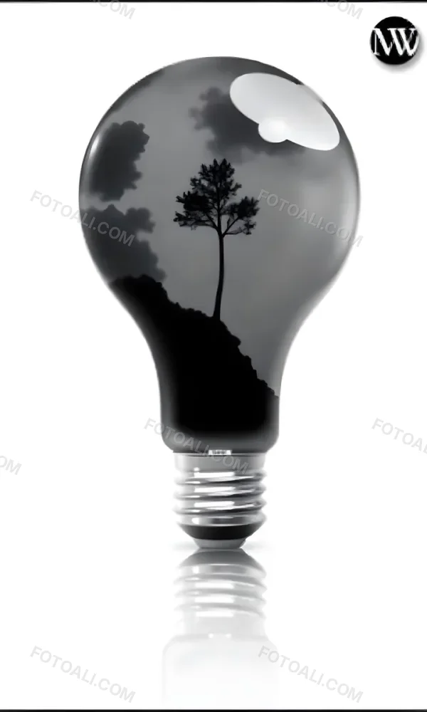 Light Bulb With A Tree Inside Dark And Cloudy Sky Black And White Tones On A Black Background Concept Of Nature And Energy 24 4952