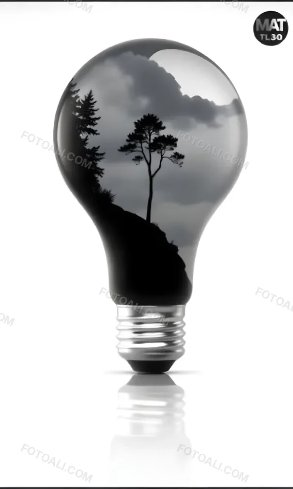 Light Bulb With A Tree Inside Dark And Cloudy Sky Black And White Tones On A Black Background Concept Of Nature And Energy 25 8a4b