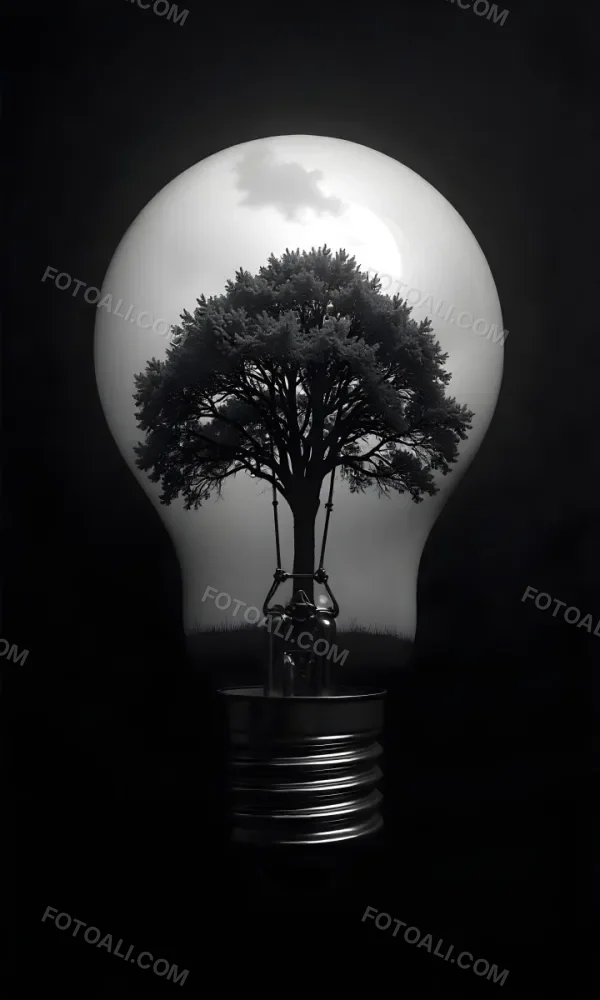 Light Bulb With A Tree Inside Dark And Cloudy Sky Black And White Tones On A Black Background Concept Of Nature And Energy 3 D87c