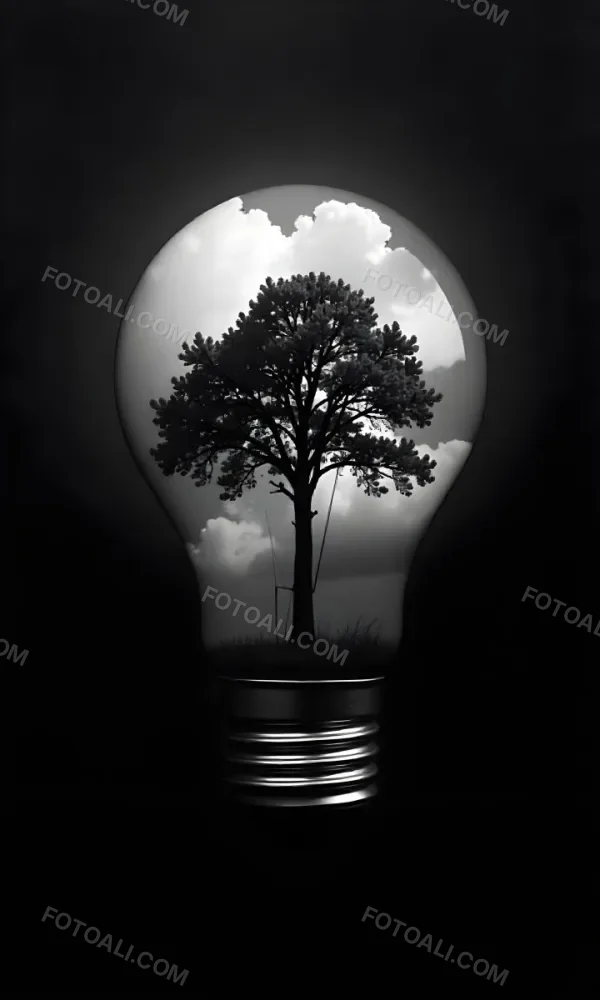 Light Bulb With A Tree Inside Dark And Cloudy Sky Black And White Tones On A Black Background Concept Of Nature And Energy 4 7cbb