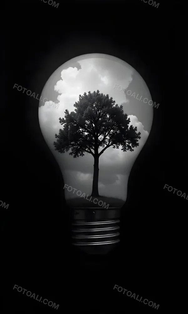 Light Bulb With A Tree Inside Dark And Cloudy Sky Black And White Tones On A Black Background Concept Of Nature And Energy 7 00cf