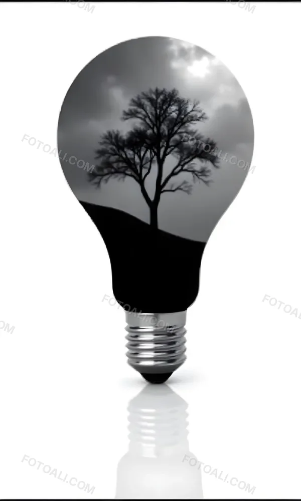 Light Bulb With A Tree Inside Dark And Cloudy Sky Black And White Tones On A Black Background Concept Of Nature And Energy 8 3482