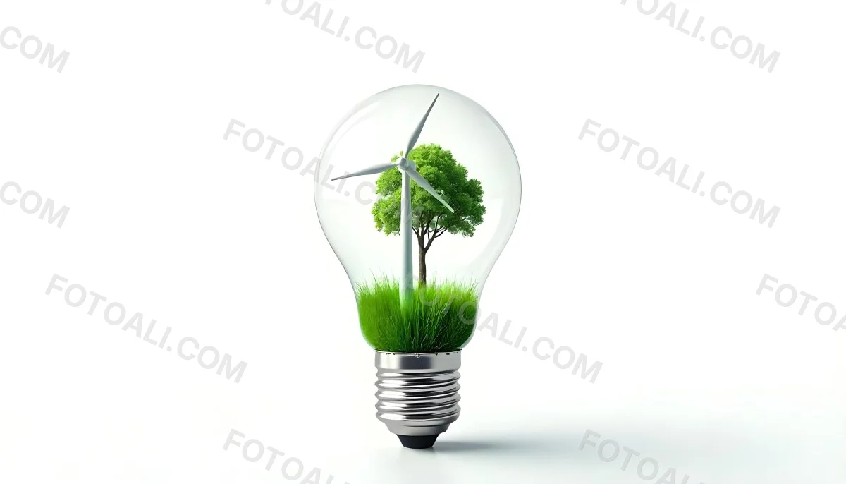 Light Bulb With Solar Panel On Top A Wind Turbine And A Tree Inside Green Grass White Background 1 673f