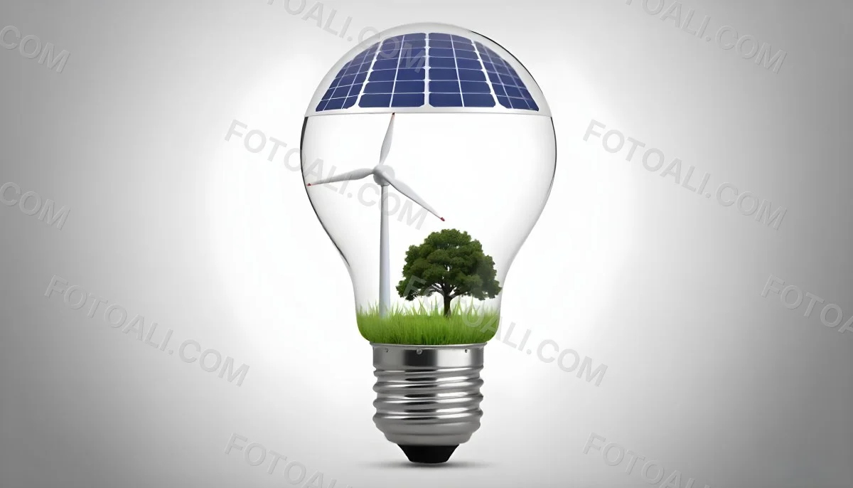 Light Bulb With Solar Panel On Top A Wind Turbine And A Tree Inside Green Grass White Background 10 9229