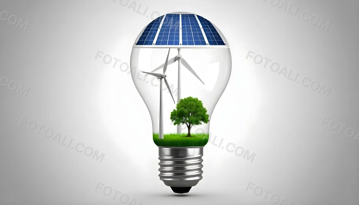 Light Bulb With Solar Panel On Top A Wind Turbine And A Tree Inside Green Grass White Background 13 F6fa