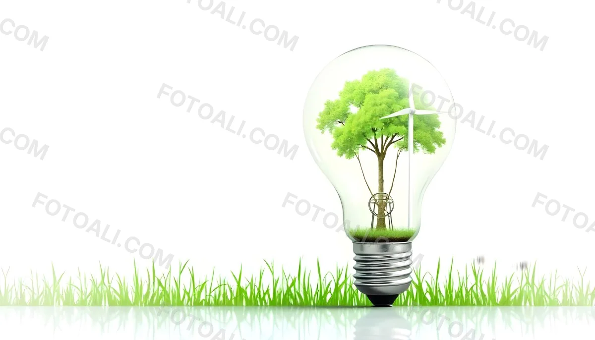Light Bulb With Solar Panel On Top A Wind Turbine And A Tree Inside Green Grass White Background 17 1eff