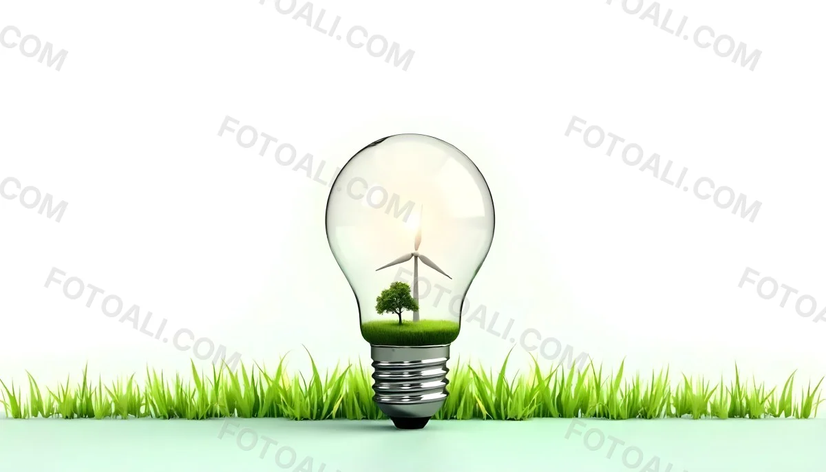 Light Bulb With Solar Panel On Top A Wind Turbine And A Tree Inside Green Grass White Background 22 B616