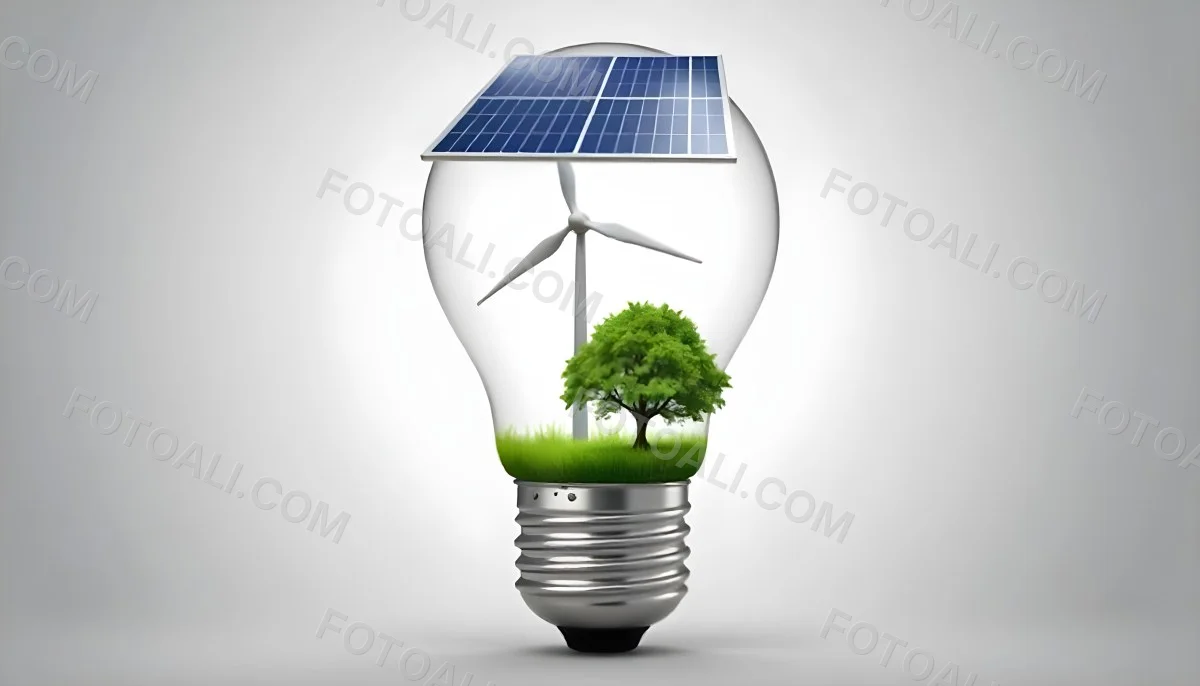 Light Bulb With Solar Panel On Top A Wind Turbine And A Tree Inside Green Grass White Background 26 45e0
