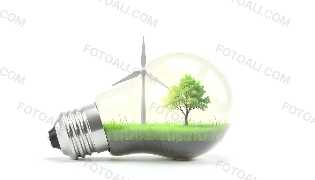 Light Bulb With Solar Panel On Top A Wind Turbine And A Tree Inside Green Grass White Background 27 8a80