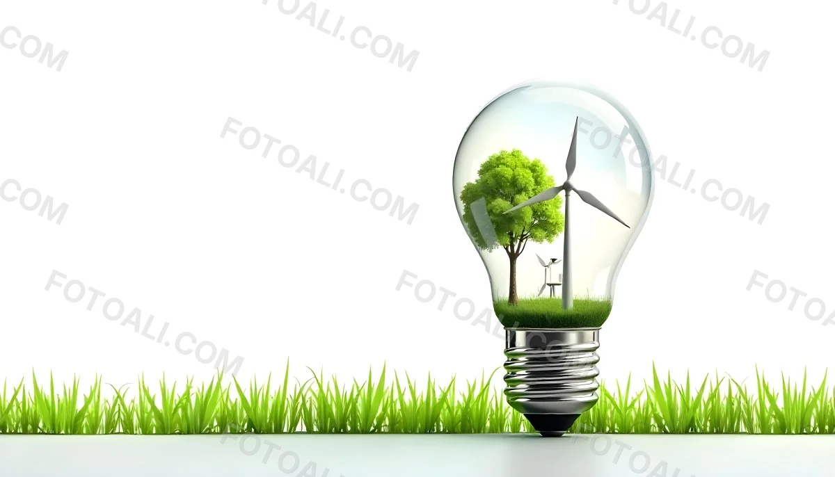Light Bulb With Solar Panel On Top A Wind Turbine And A Tree Inside Green Grass White Background 29 3d68
