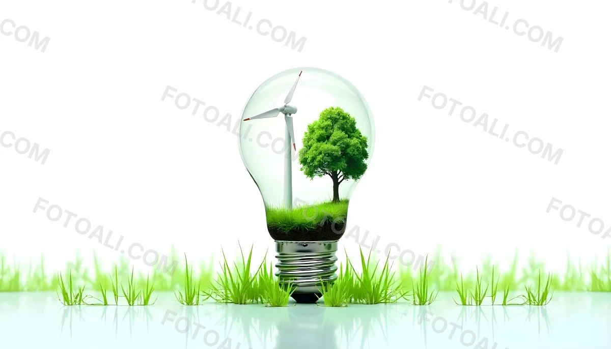 Light Bulb With Solar Panel On Top A Wind Turbine And A Tree Inside Green Grass White Background 3 059f