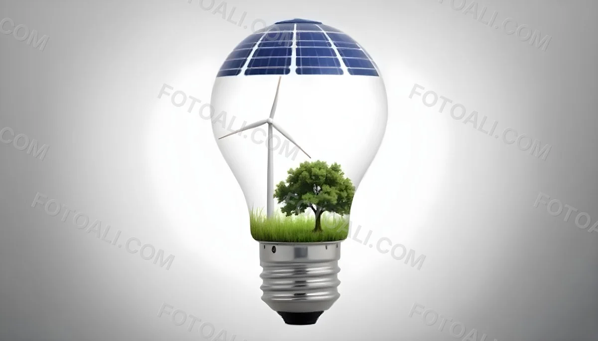 Light Bulb With Solar Panel On Top A Wind Turbine And A Tree Inside Green Grass White Background 4 0527