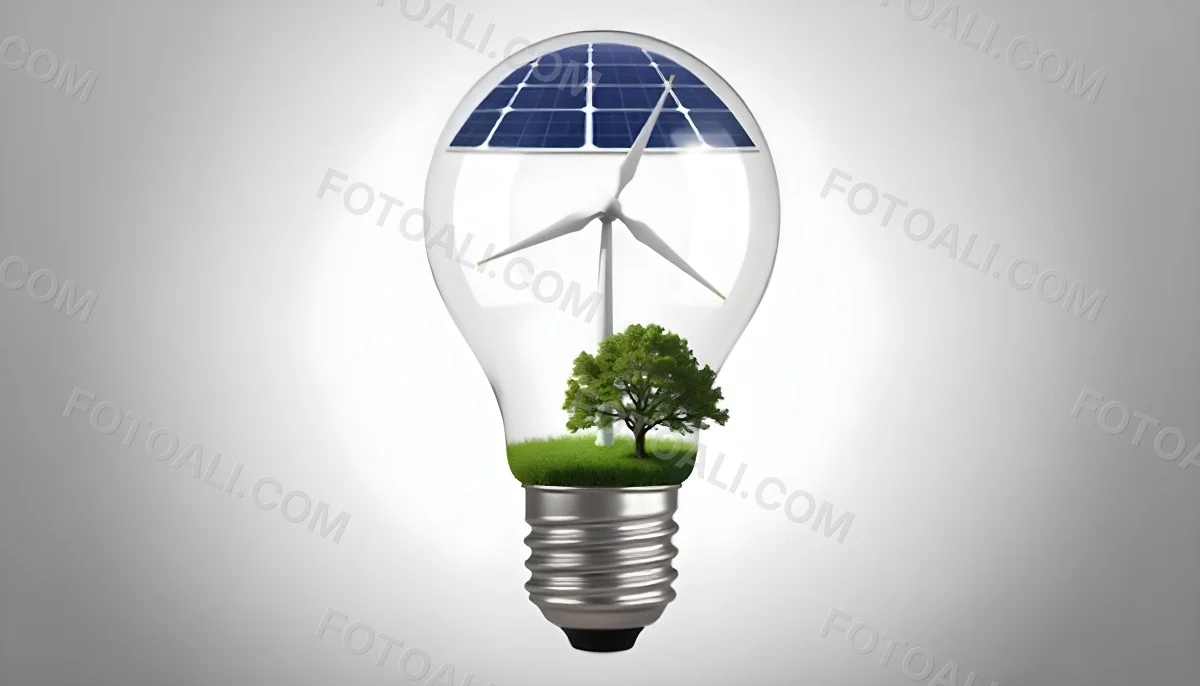 Light Bulb With Solar Panel On Top A Wind Turbine And A Tree Inside Green Grass White Background 6 1e17